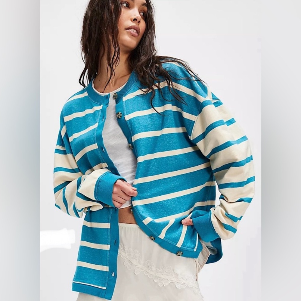Free People Slouchy Blue and White Striped Cardigan